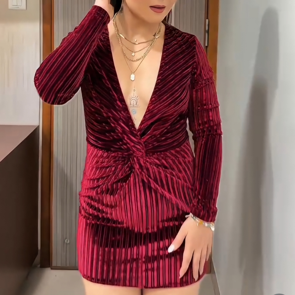 SHEIN Burgundy Ribbed Velvet Long Sleeve Dress